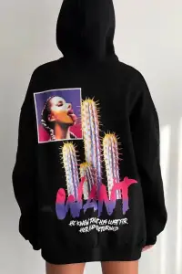 Kadın Oversize Kapüşonlu Cepli WANT Baskılı 3 İplik Pamuklu Hoodie Sweatshirt - Siyah