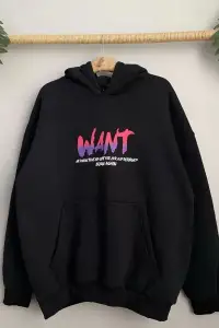 Kadın Oversize Kapüşonlu Cepli WANT Baskılı 3 İplik Pamuklu Hoodie Sweatshirt - Siyah