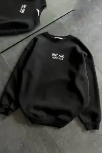 Kadın Bisiklet Yaka 3 İplik pamuklu Baskılı Oversize SweatShirt - Siyah