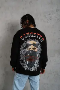 Erkek 3 İplik Pamuklu Bisiklet Yaka Gangster Baskılı Sweatshirt - Siyah