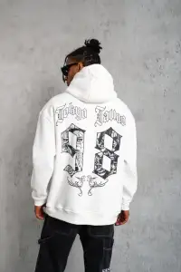 Erkek 98 Baskılı Kapşonlu 3 iplik pamuklu Sweatshirt hoodie - Beyaz