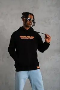 Erkek 3 İplik Pamuklu Kapüşonlu Baskılı Cepli Oversize Sweatshirt Hoodie - Siyah