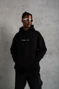 Erkek 3 İplik Pamuklu Kapüşonlu Baskılı Cepli Oversize Sweatshirt Hoodie - Siyah