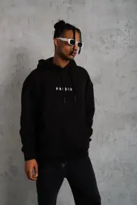 Erkek 3 İplik Pamuklu Kapüşonlu Baskılı Cepli Oversize Sweatshirt Hoodie - Siyah