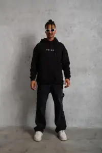Erkek 3 İplik Pamuklu Kapüşonlu Baskılı Cepli Oversize Sweatshirt Hoodie - Siyah