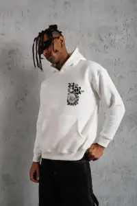 Erkek 3 İplik Pamuklu Kapüşonlu Baskılı Cepli Oversize Sweatshirt Hoodie - Beyaz