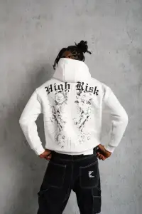 Erkek 3 İplik Pamuklu Kapüşonlu Baskılı Cepli Oversize Sweatshirt Hoodie - Beyaz