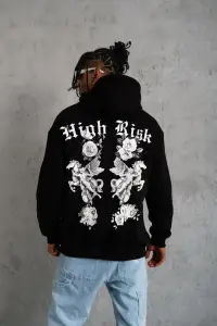 Erkek 3 İplik Pamuklu Kapüşonlu Baskılı Cepli Oversize Sweatshirt Hoodie - Siyah