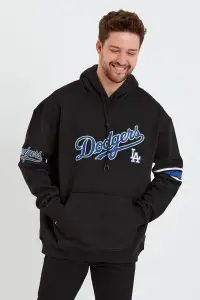 Erkek 3 İplik Pamuklu Kapüşonlu Baskılı Cepli Oversize Sweatshirt Hoodie - Siyah
