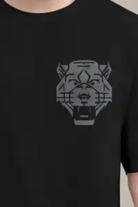 Erkek Kısa Kol Yazlık Tişört Bisiklet Yaka ASLAN Baskılı T-Shirt - Siyah