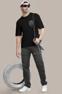Erkek Kısa Kol Yazlık Tişört Bisiklet Yaka ASLAN Baskılı T-Shirt - Siyah