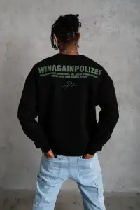 Erkek Bisiklet Yaka Baskılı 3 iplik pamuklu Sweatshirt - Siyah