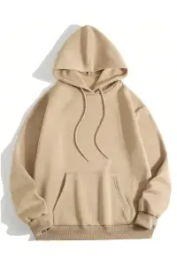 Erkek 3 İplik Pamuklu Kapüşonlu Kanguru Cepli Sweatshirt Hoodie - Bej