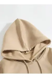Erkek 3 İplik Pamuklu Kapüşonlu Kanguru Cepli Sweatshirt Hoodie - Bej