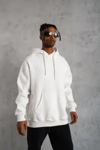 Erkek 3 İplik Pamuklu Kapüşonlu Kanguru Cepli Sweatshirt Hoodie - Beyaz
