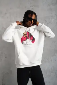 Erkek Kapüşonlu Cepli Boks Eldiven Baskılı 3 İplik Sweatshirt Hoodie - Beyaz