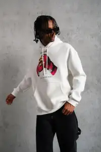 Erkek Kapüşonlu Cepli Boks Eldiven Baskılı 3 İplik Sweatshirt Hoodie - Beyaz
