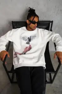 Erkek Güvercin Baskılı 3 iplik pamuklu Bisiklet Yaka Sweatshirt - Beyaz