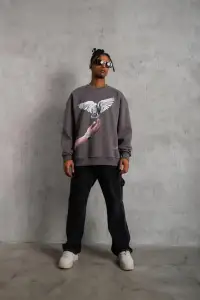 Erkek Güvercin Baskılı 3 iplik pamuklu Bisiklet Yaka Sweatshirt - Gri