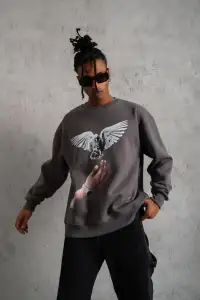 Erkek Güvercin Baskılı 3 iplik pamuklu Bisiklet Yaka Sweatshirt - Gri