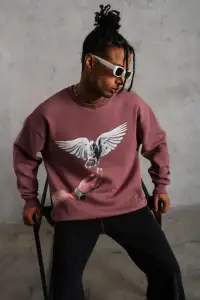 Erkek Güvercin Baskılı Bisiklet Yaka Sweatshirt 3 iplik pamuklu - Gül Kurusu