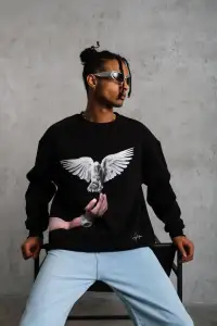 Erkek Güvercin Baskılı 3 iplik Bisiklet Yaka ipamuklu Sweatshirt - Siyah