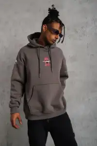 Erkek 3 İplik Pamuklu Kapüşonlu Baskılı Cepli Oversize Sweatshirt Hoodie - Gri