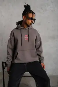 Erkek 3 İplik Pamuklu Kapüşonlu Baskılı Cepli Oversize Sweatshirt Hoodie - Gri