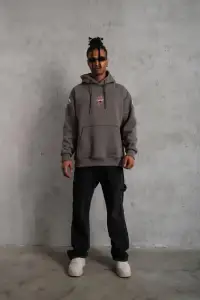 Erkek 3 İplik Pamuklu Kapüşonlu Baskılı Cepli Oversize Sweatshirt Hoodie - Gri
