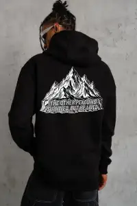 Erkek Nihilist Penguen Baskılı 3 İplik Pamuklu Kapüşonlu Sweatshirt Hoodie Siyah