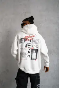 Erkek 3 İplik Pamuklu Kapüşonlu Baskılı Cepli Oversize Sweatshirt Hoodie - Beyaz