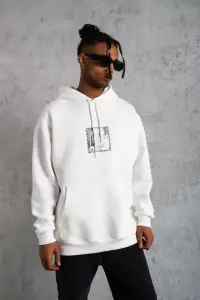 Erkek 3 İplik Pamuklu Kapüşonlu Baskılı Cepli Oversize Sweatshirt Hoodie - Beyaz