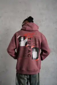 Erkek 3 İplik Pamuklu Kapüşonlu Baskılı Cepli Sweatshirt Hoodie - Gül Kurusu