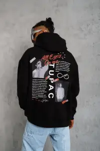 Erkek 3 İplik Pamuklu Kapüşonlu Baskılı Cepli Oversize Sweatshirt Hoodie - Siyah