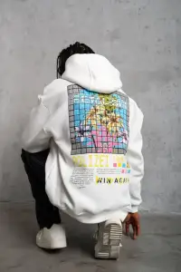 Erkek 3 İplik Pamuklu Kapüşonlu Baskılı Cepli Oversize Sweatshirt Hoodie - Beyaz