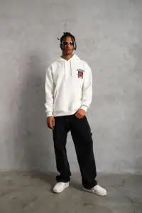 Erkek 3 İplik Pamuklu Kapüşonlu Baskılı Cepli Oversize Sweatshirt Hoodie - Beyaz