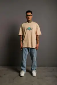 Erkek Kısa Kol Yazlık Tişört Bisiklet Yaka Baskılı Oversize T-Shirt - Bej