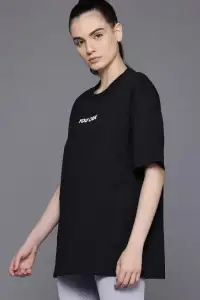 Kadın Baskılı T-Shirt Kısa Kol Bisiklet Yaka Oversize Rahat Kalıp Tişört - Siyah
