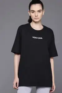 Kadın Baskılı T-Shirt Kısa Kol Bisiklet Yaka Oversize Rahat Kalıp Tişört - Siyah