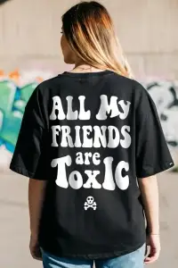 Kadın Kısa Kol Yazlık Tişört Bisiklet Yaka Baskılı Oversize T-Shirt - Siyah