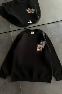 Kadın Bisiklet Yaka Kilim Halı Baskılı 3 İplik Pamuklu Sweatshirt - Siyah