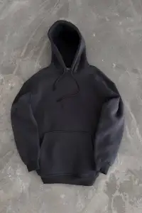 Kadın Kapüşonlu Kanguru Cepli 3 İplik Pamuklu Oversize Hoodie Sweatshirt - Füme
