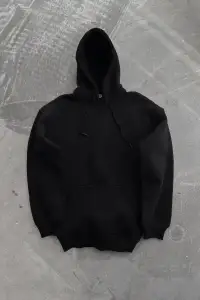 Kadın Kapüşonlu Kanguru Cepli 3 İplik Pamuklu Oversize Hoodie Sweatshirt - Siyah