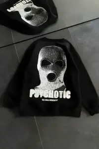 Kadın 3 iplik Kışlık Bisiklet Yaka Baskılı SweatShirt - Siyah