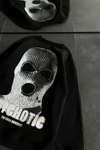 Kadın 3 iplik Kışlık Bisiklet Yaka Baskılı SweatShirt - Siyah