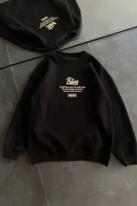 Kadın 3 iplik Pamuklu Bisiklet Yaka Baskılı SweatShirt - Siyah