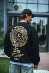 Erkek 3 iplik pamuklu Bisiklet Yaka Ön Ve Arka Baskılı SweatShirt - Siyah