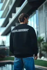 Erkek 3 iplik Pamuklu Bisiklet Yaka Oversize Baskılı SweatShirt - Siyah