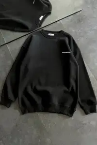 Kadın 3 iplik Kışlık pamuklu Bisiklet Yaka Oversize Baskılı SweatShirt - Siyah