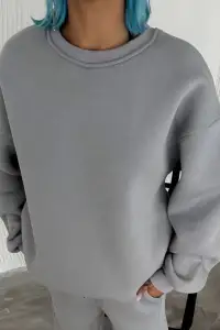 Kadın Bisiklet Yaka 3 İplik Pamuklu Basic SweatShirt - Gri